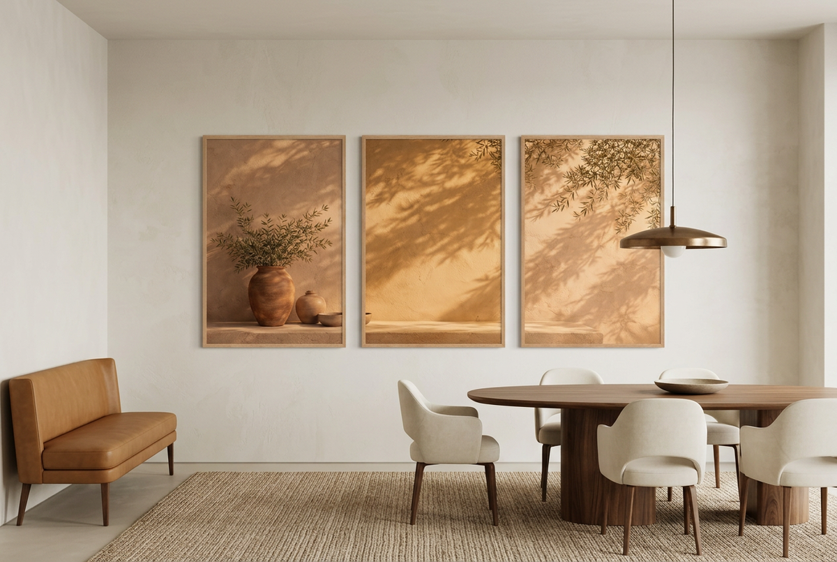 The Olive Hour — wall triptych in oak frames in a dining room