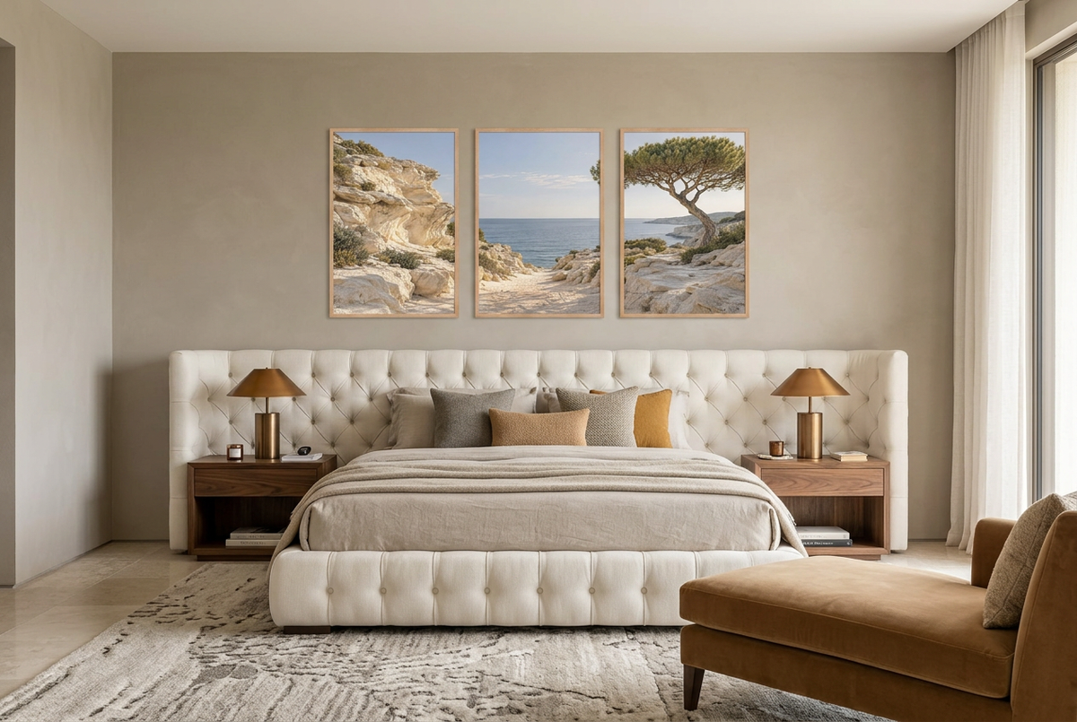 The Calanque — wall triptych, solid oak frames, in a bedroom