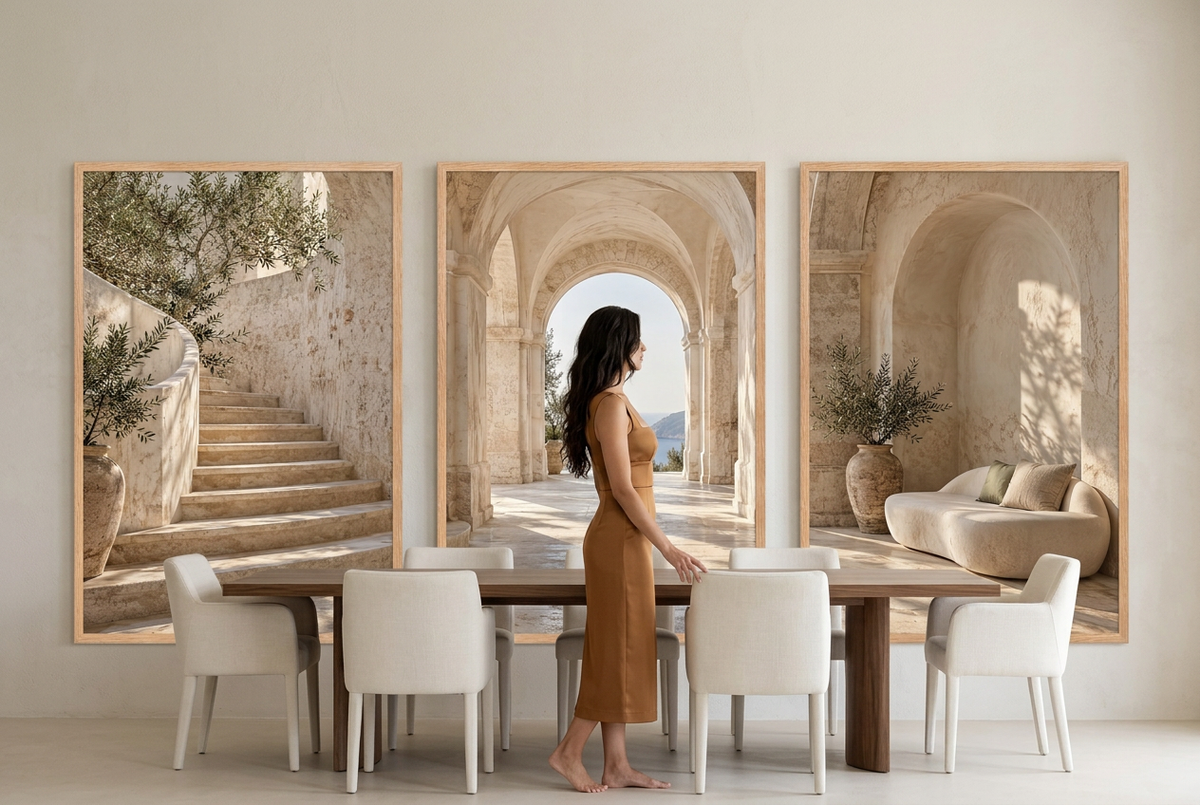 The Loggia — wall triptych, solid oak frames, large format, styled on the wall