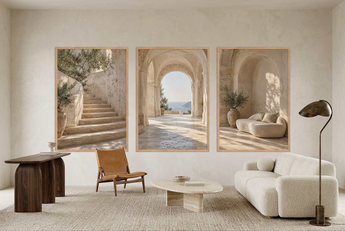 The Loggia — wall triptych, solid oak frames, in a living room