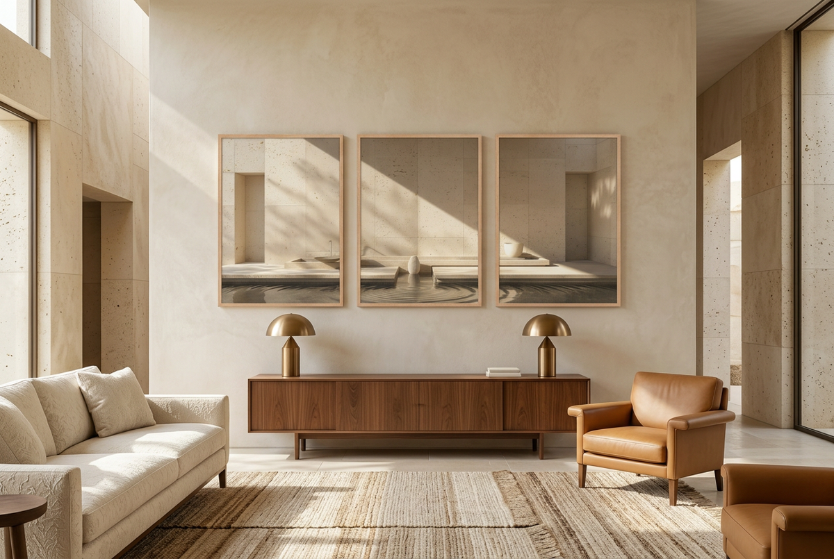The Basin of Light — wall triptych in oak frames in a living room