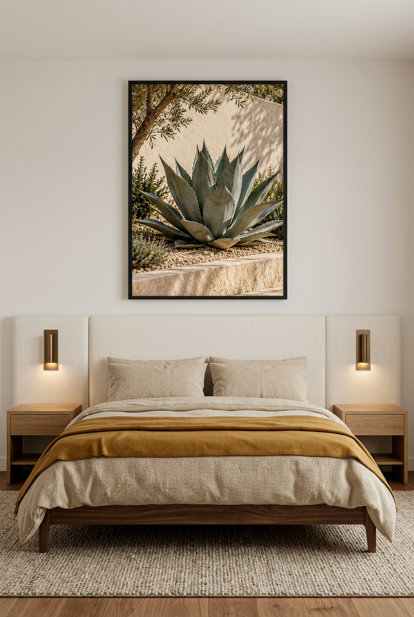 L'Agave Bleu — affiche en cadre noir dans une chambre