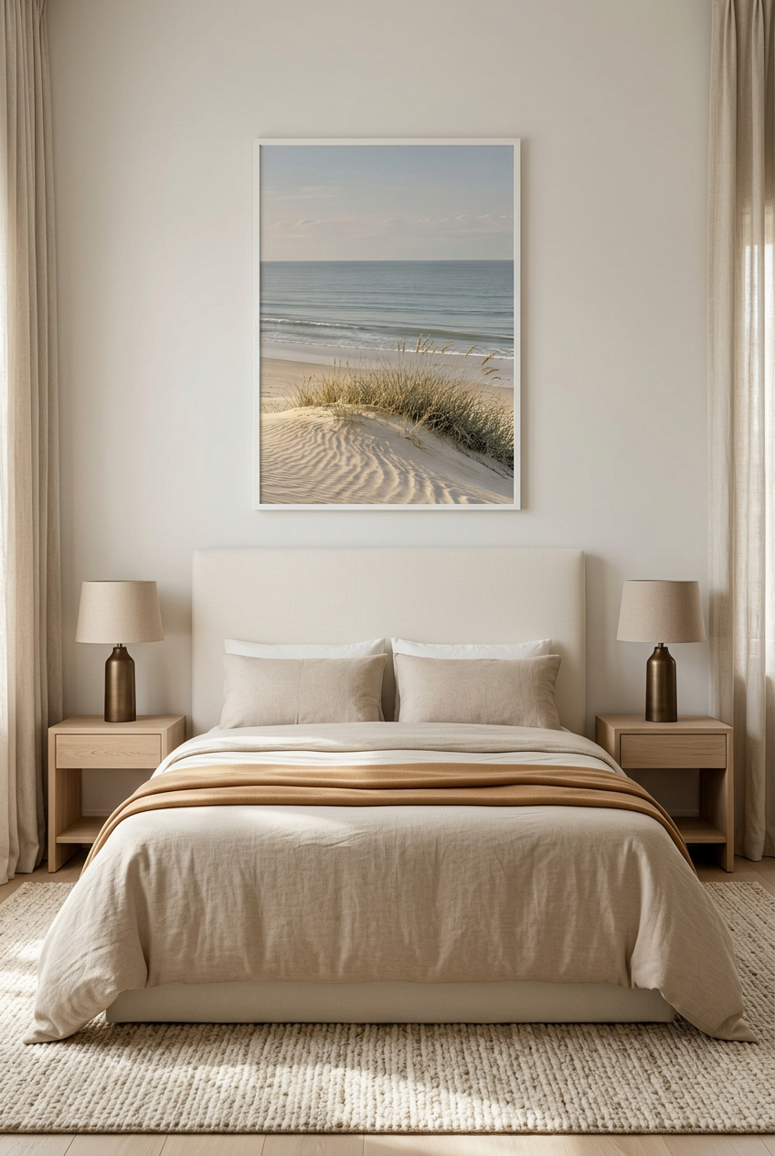 Le Sable Ridé — affiche en cadre blanc dans une chambre