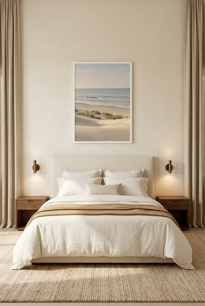 La Vague Lointaine — affiche en cadre blanc dans une chambre