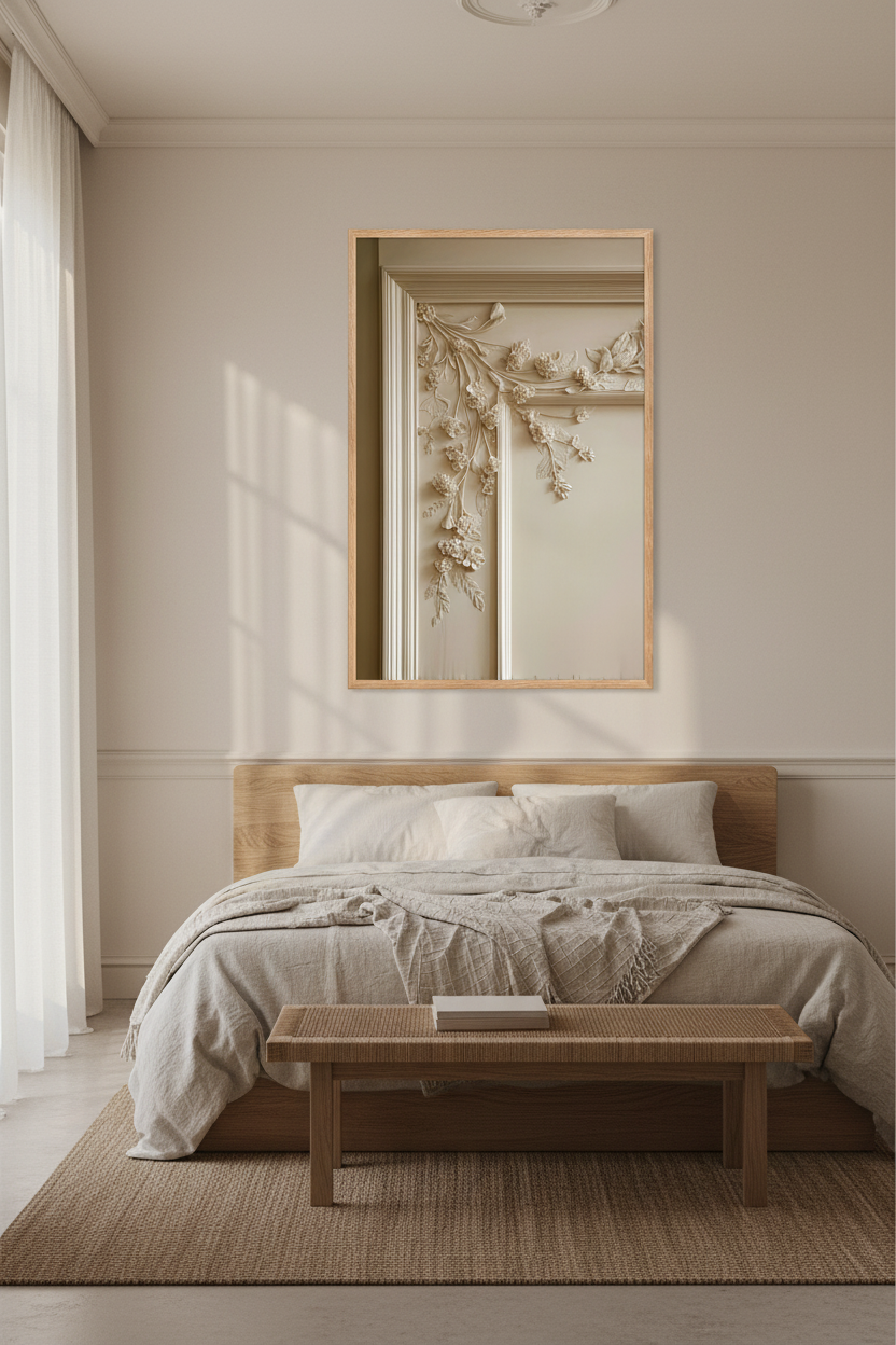 The Woodwork poster in an oak frame in a bedroom — molded panelling and flowers carved in bas-relief