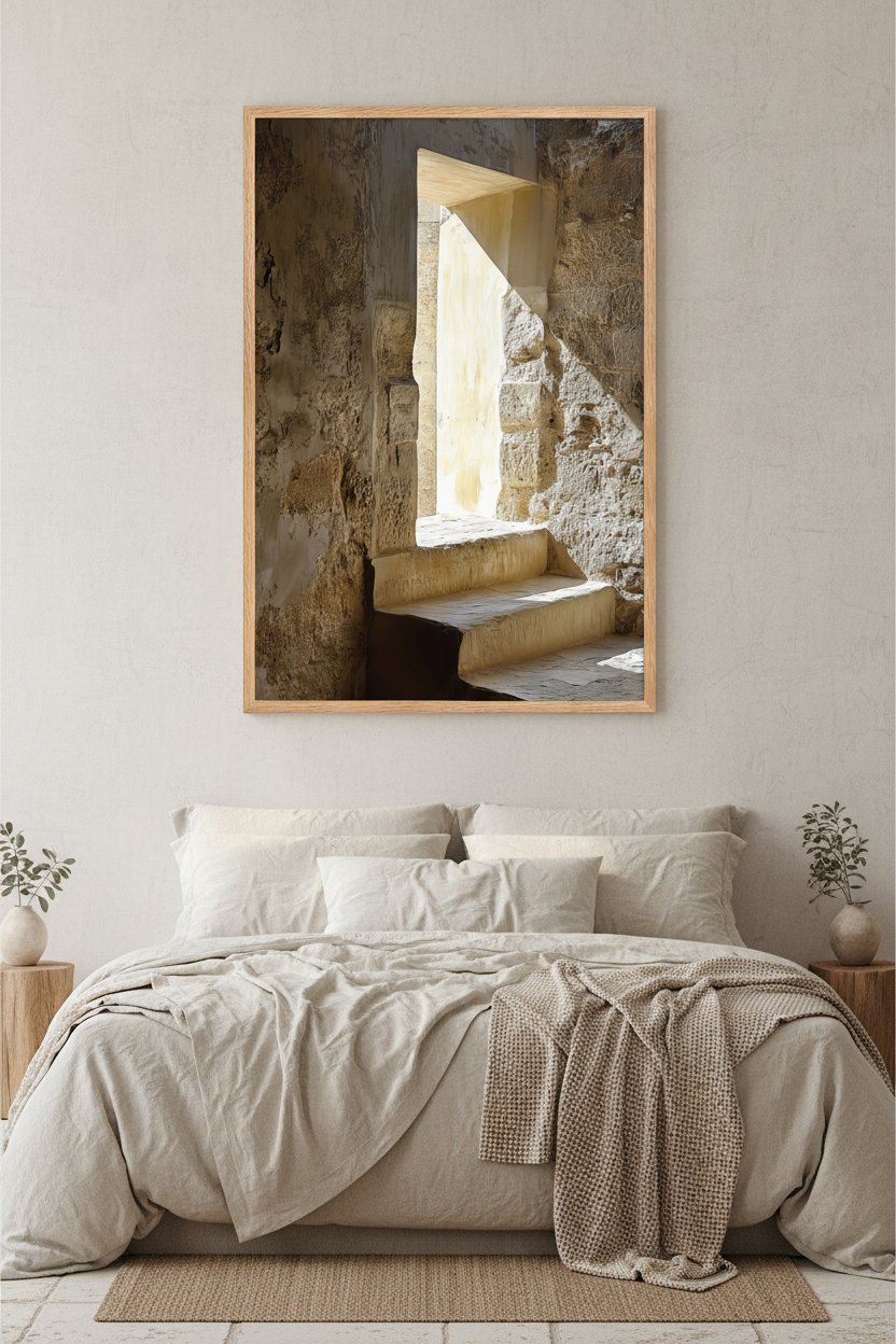 The Arrow Slit poster in an oak frame in a bedroom — limestone embrasure and stone bench