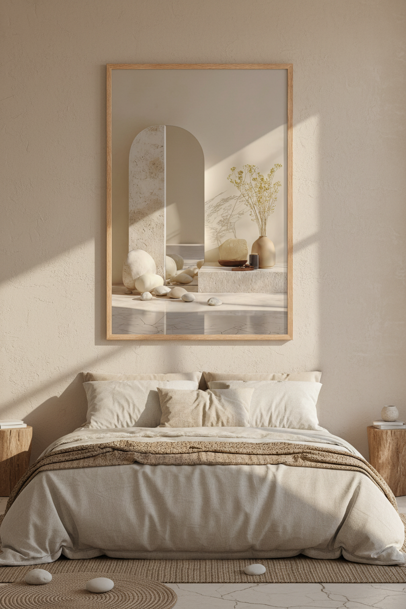 Affiche La Composition du Seuil encadrée chêne dans une chambre — miroir en arche de terrazzo et vase sable