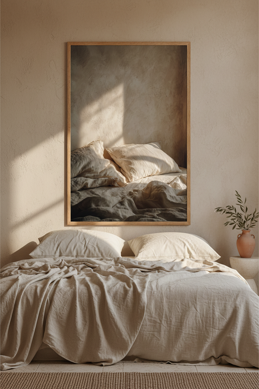 The Awakening Hour poster in an oak frame in a bedroom — unmade ivory linen bed and golden shadow