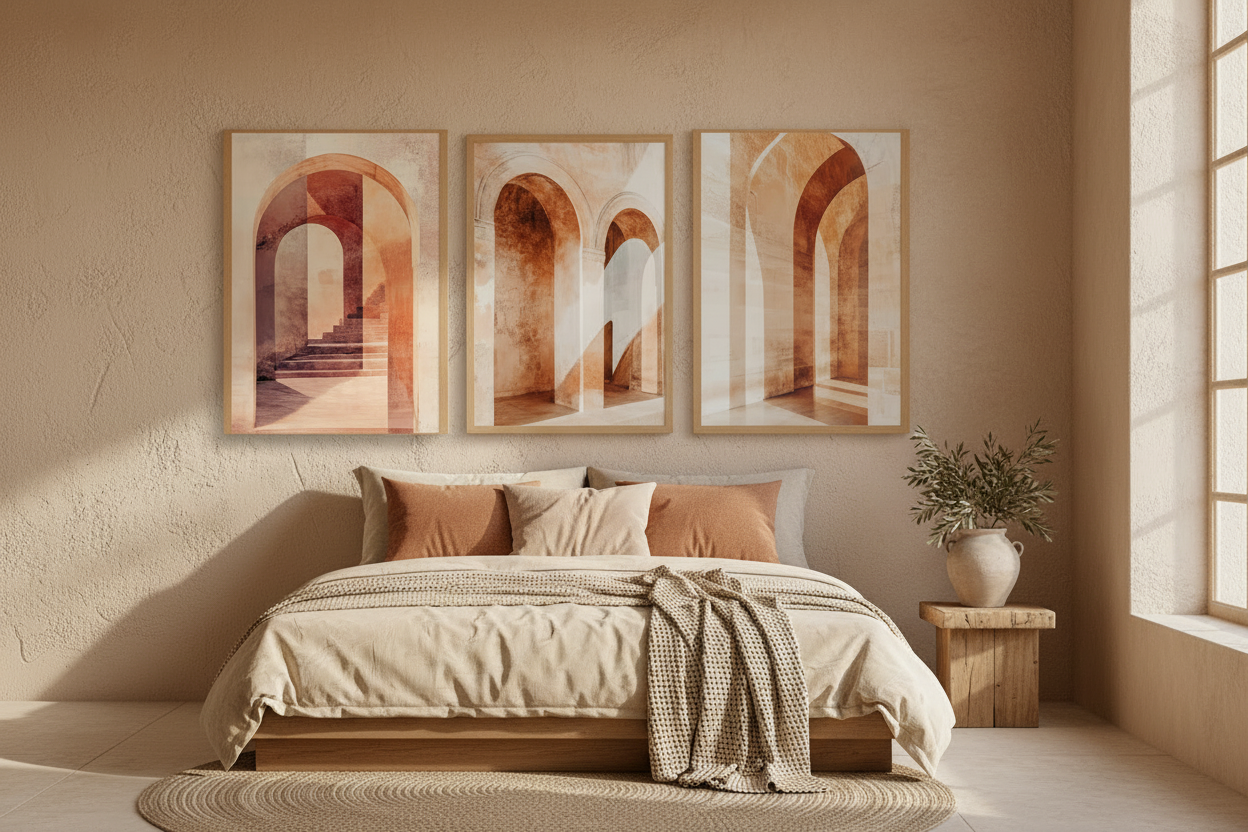 Terracotta wall triptych in a solid oak frame above an ivory linen headboard