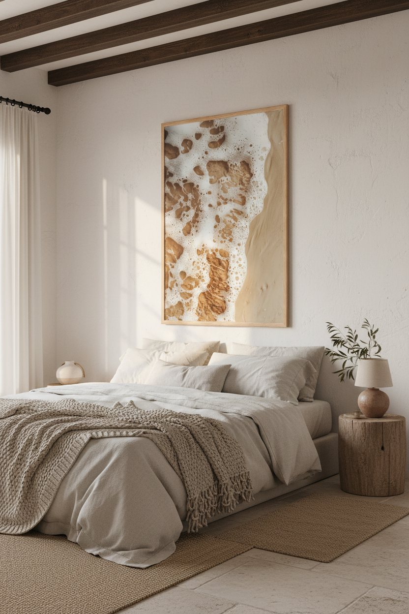 Affiche Le Sable et l'Écume encadrée chêne dans une chambre — écume blanche lacée sur sable ocre doré