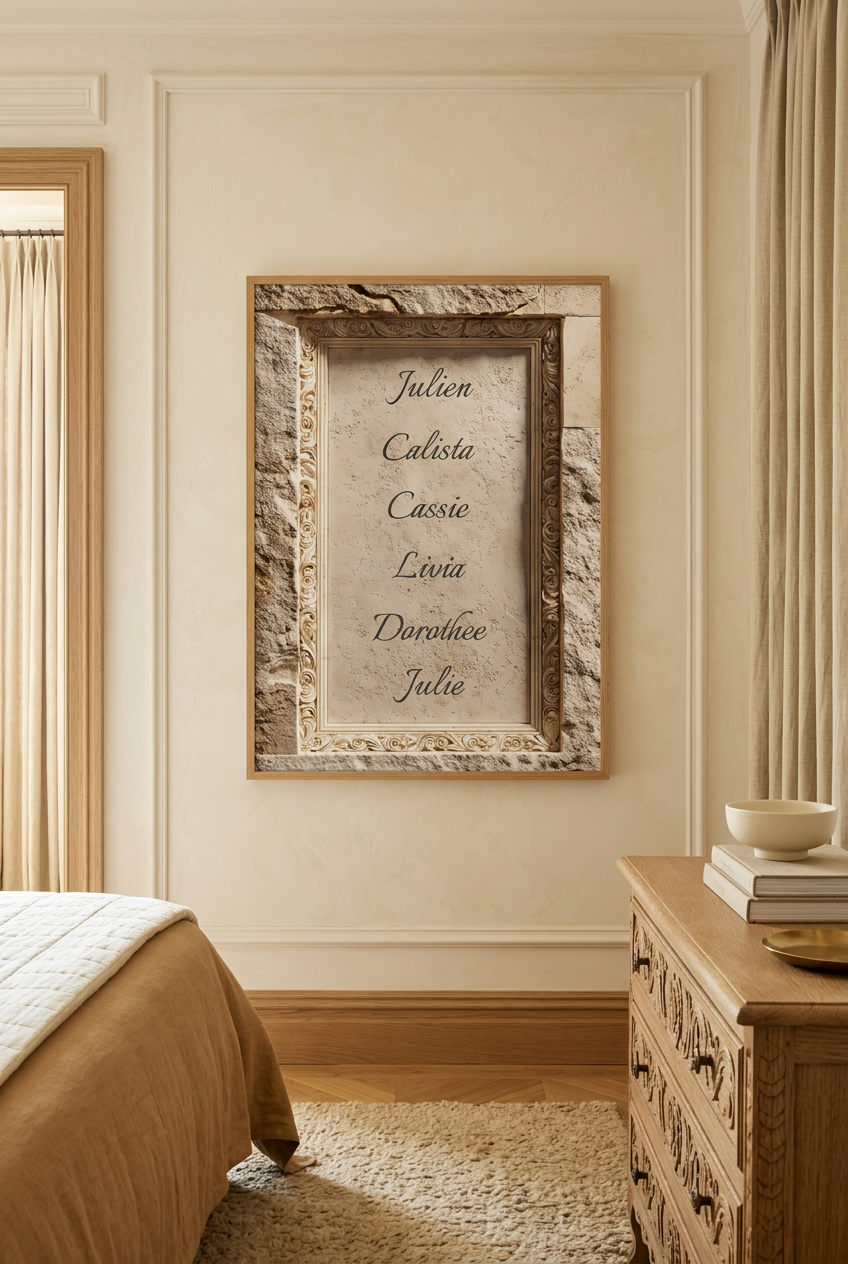 Los Nombres Grabados — póster personalizable: nombres de la familia grabados en un marco de piedra, en un dormitorio