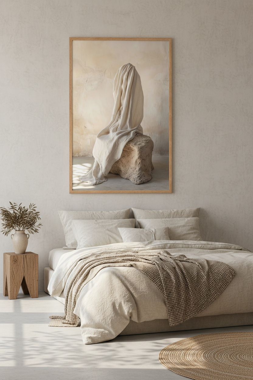 Affiche La Présence Voilée encadrée chêne dans une chambre — drapé de lin ivoire et ombres de feuillage
