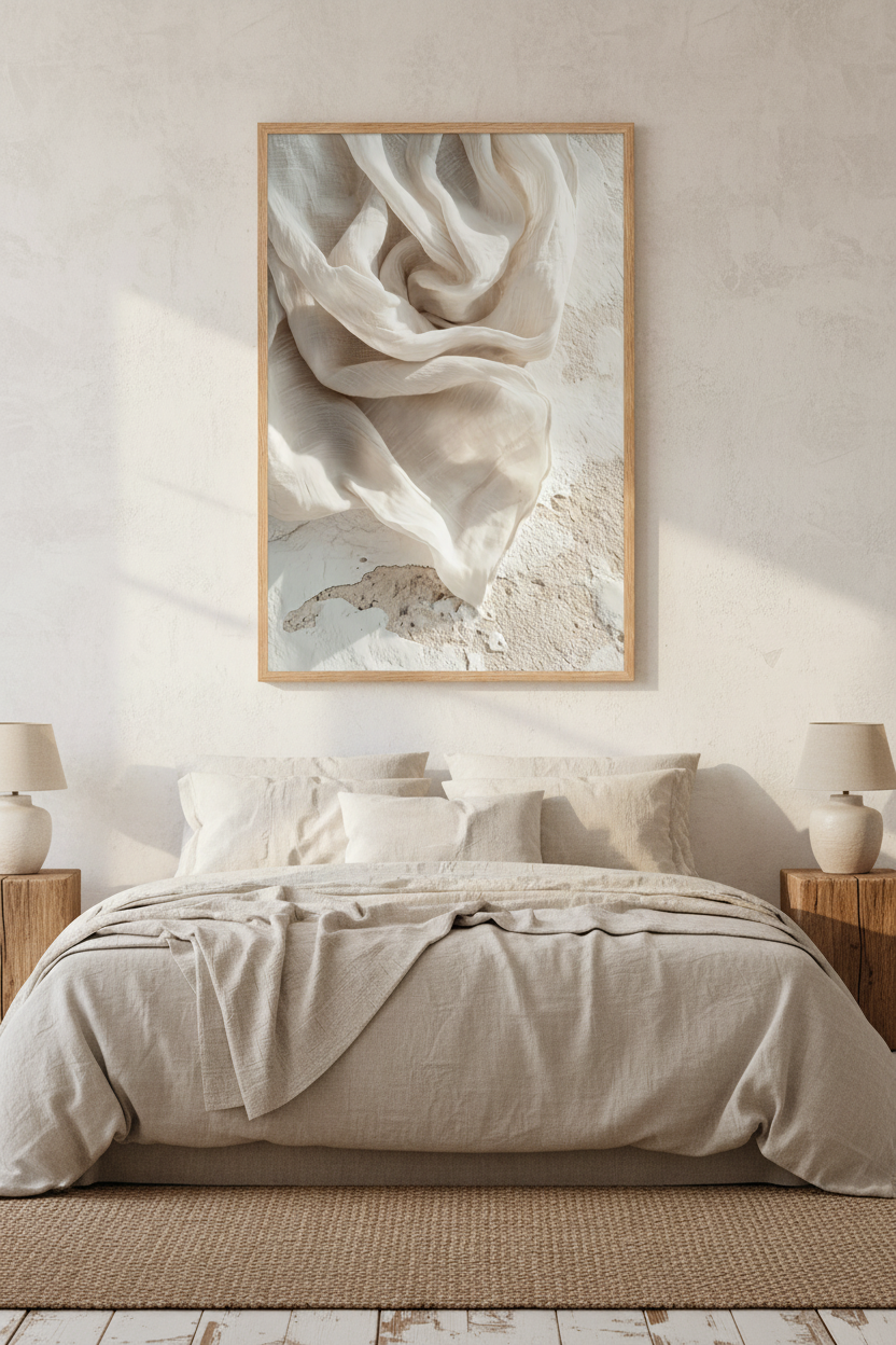 The Ivory Whirlwind poster in an oak frame in a bedroom — spiralling ivory linen fabric