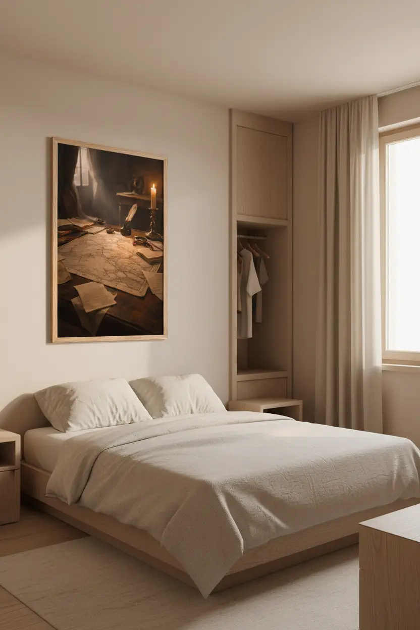 Table du Cartographe — Affiche Murale Minimaliste Ambre et Bois Lumière Intime et Cartographie Rétro — affiche murale minimaliste | Cassili-home