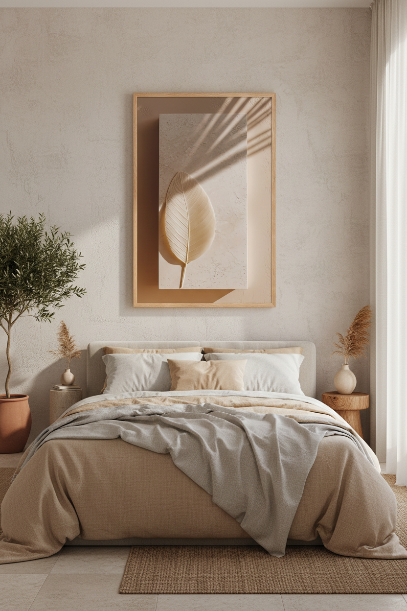 The Leaf and the Shadow poster in an oak frame in a bedroom — dried leaf and palm shadows