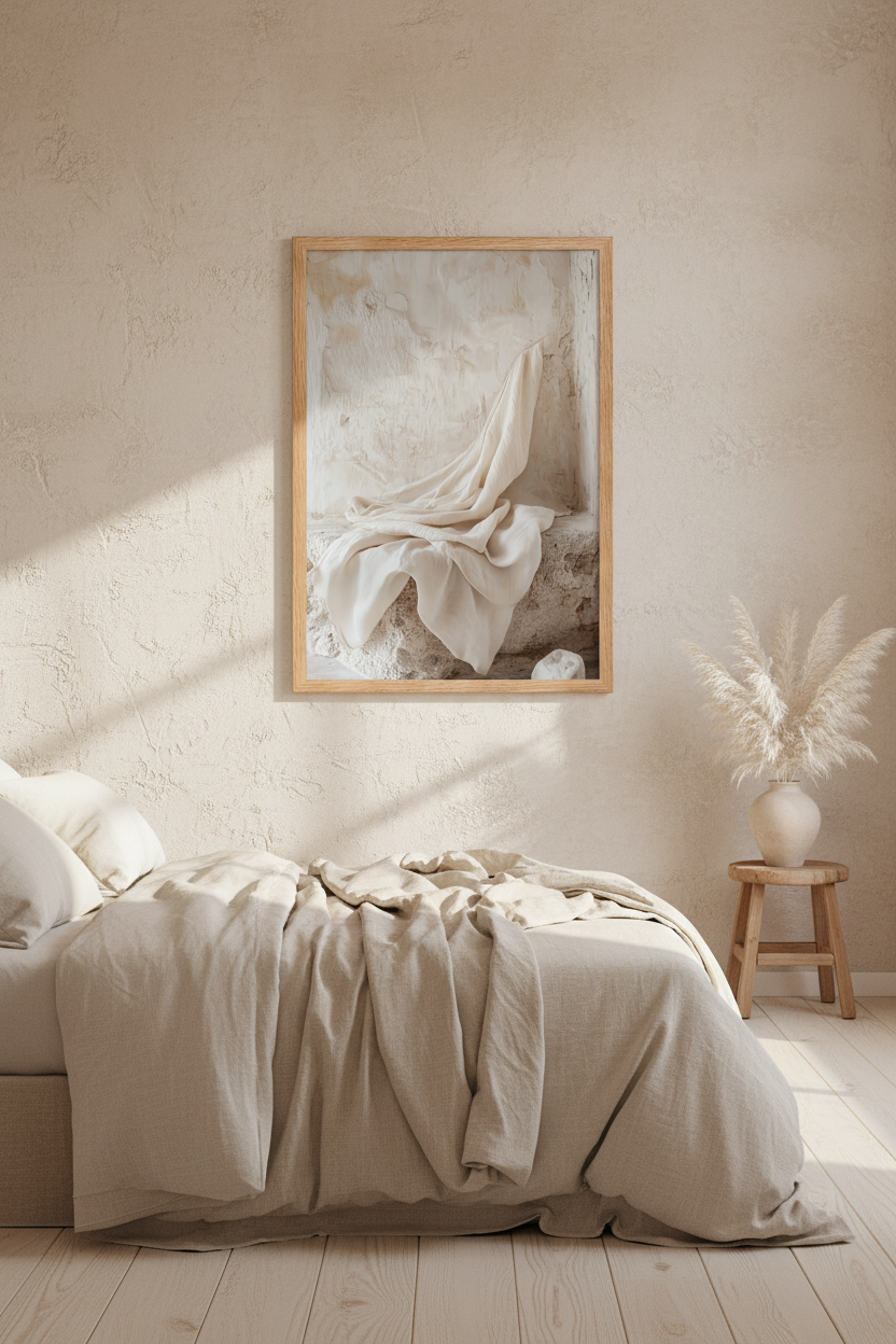 The Abandonment of Linen poster in an oak frame in a bedroom — ivory linen drapery and flaking plaster