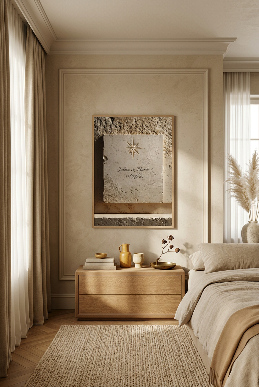 The Engraved Star — personalised wall poster: star engraved in stone with names and a date, in a bedroom