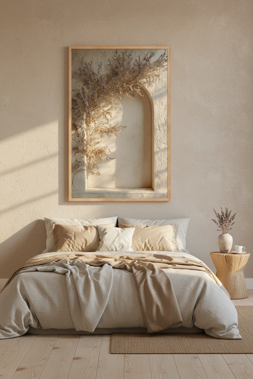 The Flowered Arch poster in an oak frame in a bedroom — golden dried lavender on a textured sand wall