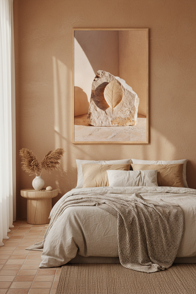 The Stone and the Leaf poster in an oak frame in a bedroom — limestone sculpture and ivory dried leaf
