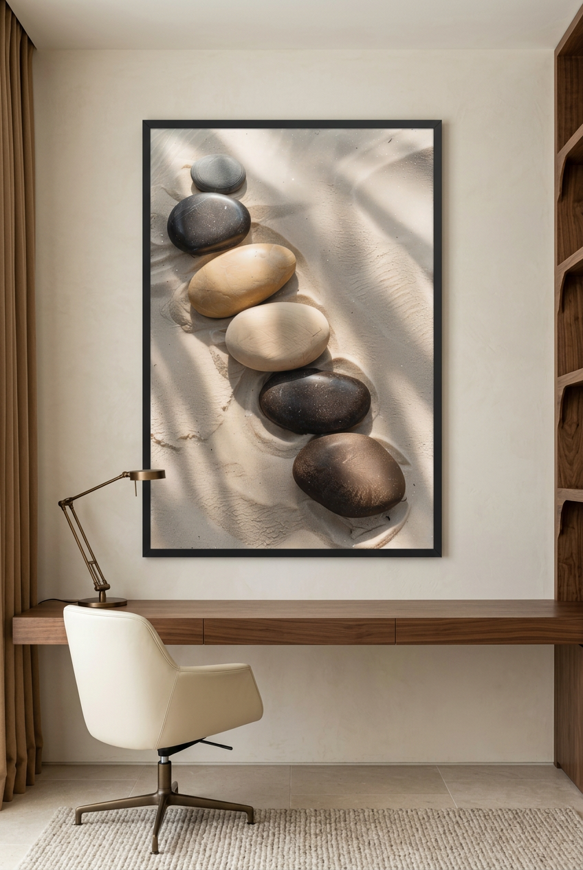 Pebble Path — poster in a black frame in a home office