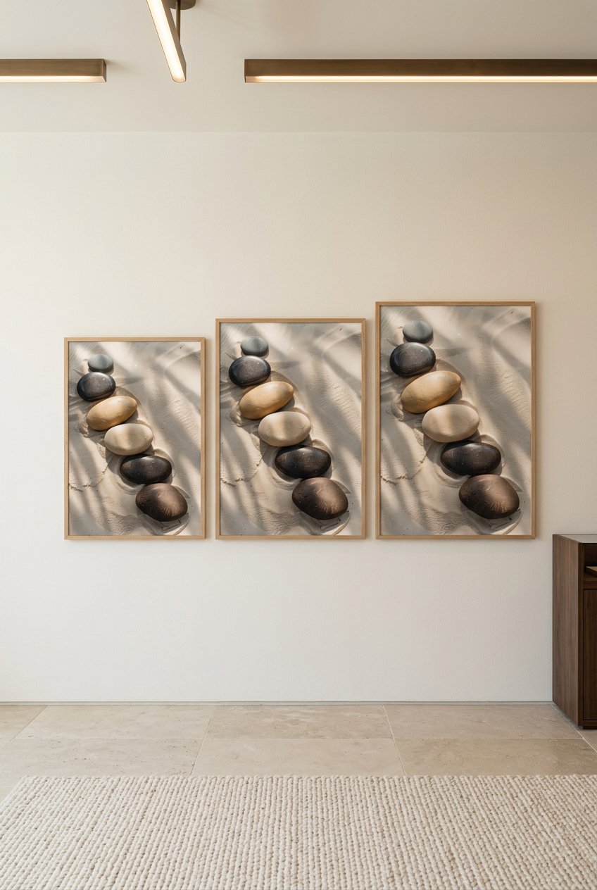 Pebble Path — three sizes of the poster in oak frames