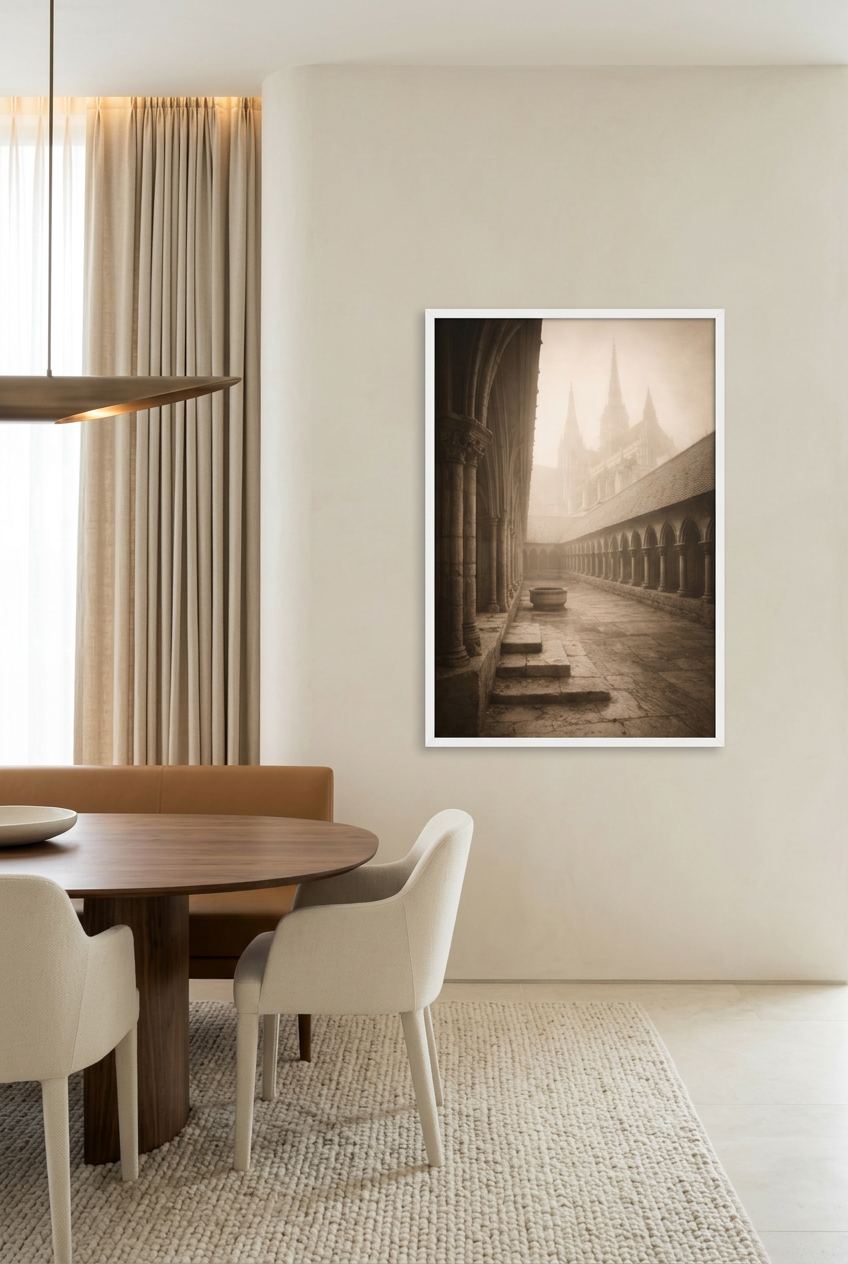 Cloister in the Mist — poster in a white frame in a dining room