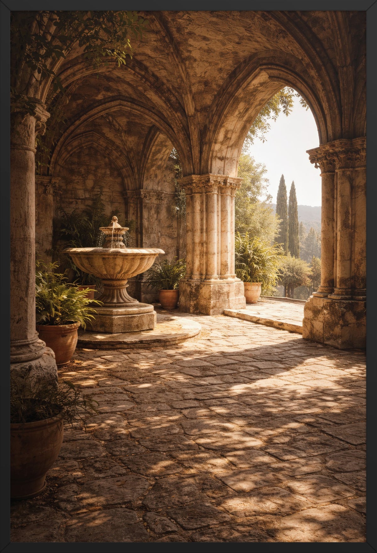 The Cloister at the Fountain — poster in a black frame, front view