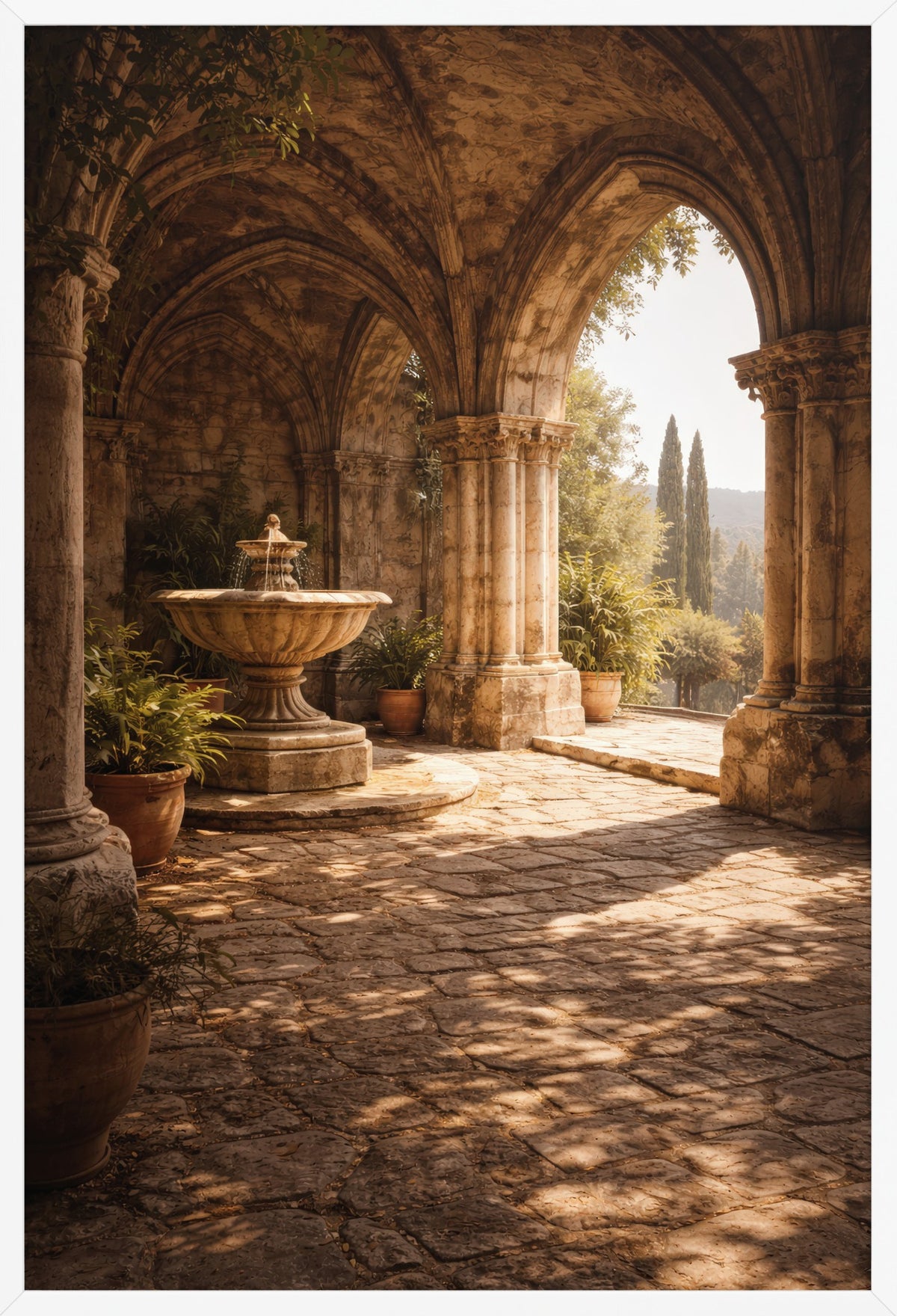 The Cloister at the Fountain — poster in a white frame, front view
