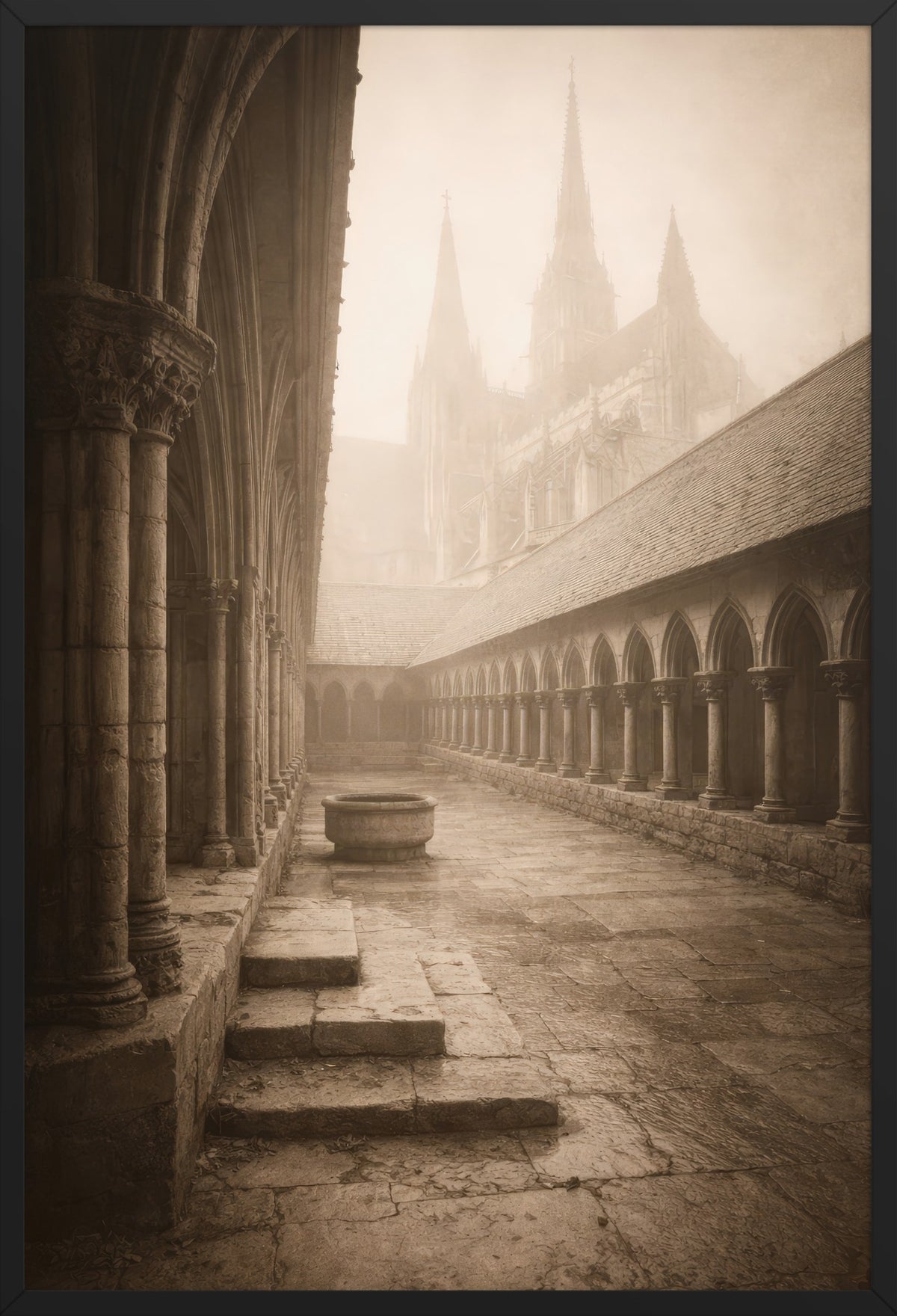 Cloister in the Mist — poster in a black frame, front view