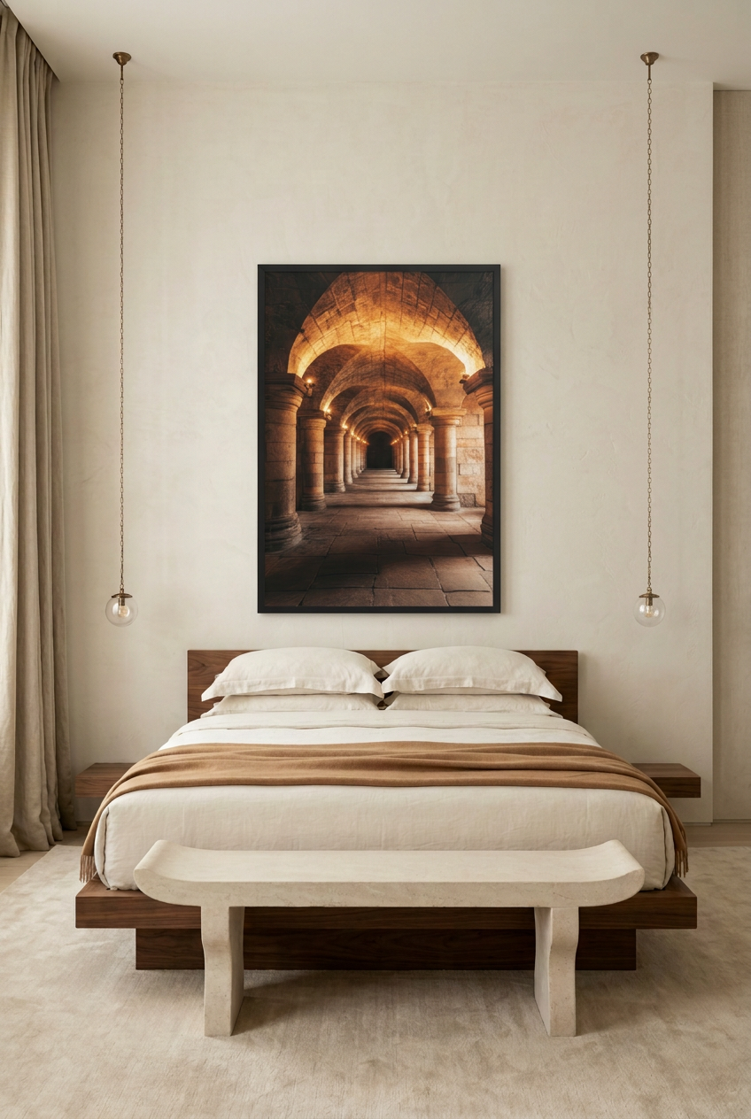 Eternal Colonnade — poster in a black frame above a bed
