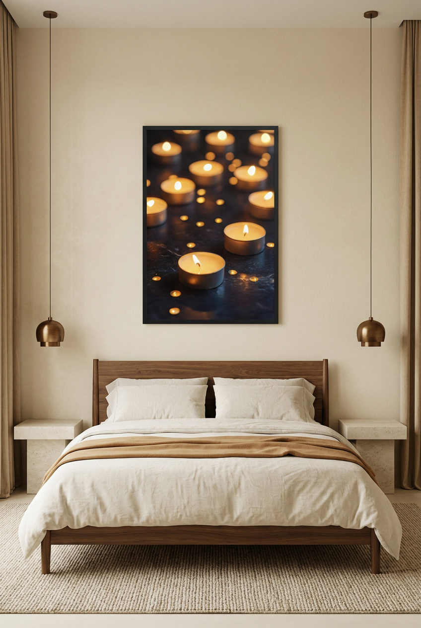Constellation of Candles — poster in a black frame above a bed