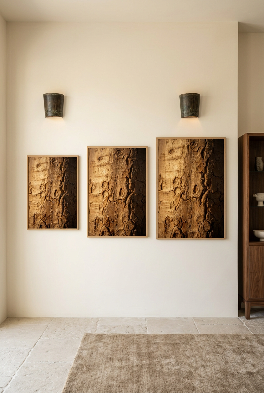 Burnt Bark — three sizes of the poster in oak frames