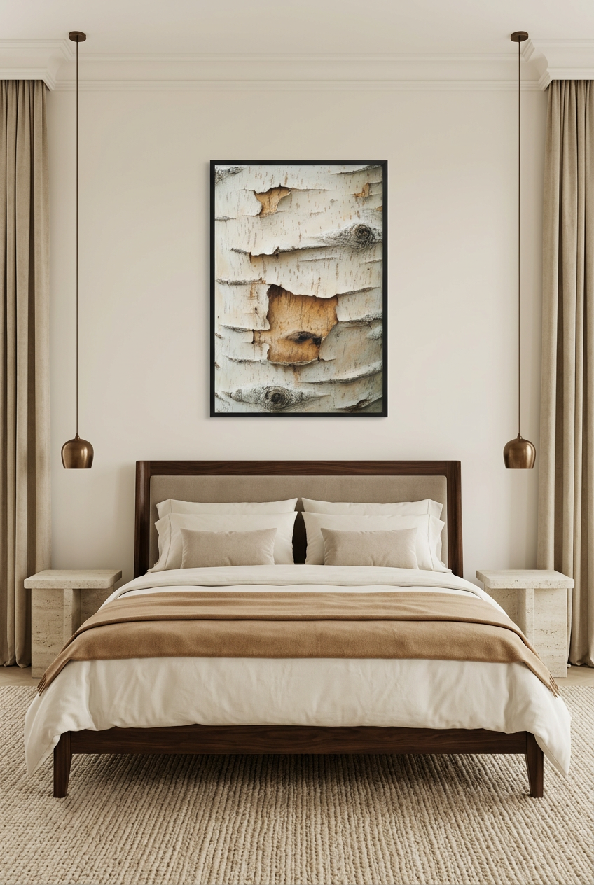 Birch Bark — poster in a black frame above a bed