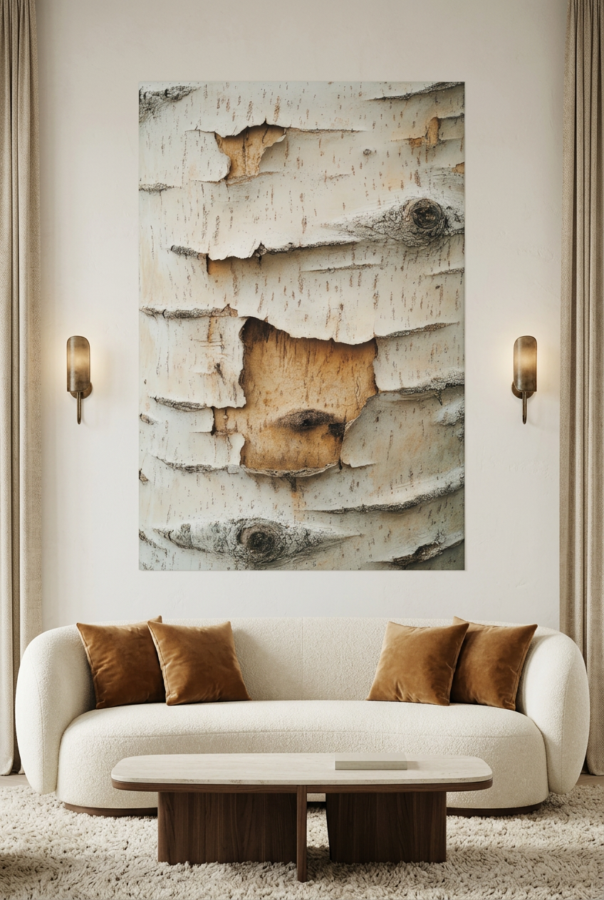Birch Bark — unframed poster above a sofa