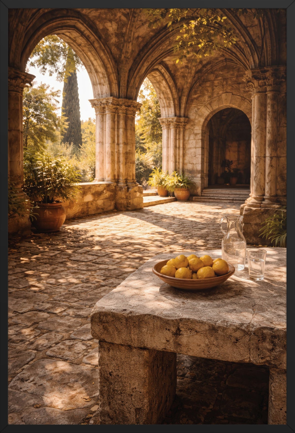 Lemon Courtyard — poster in a black frame, front view