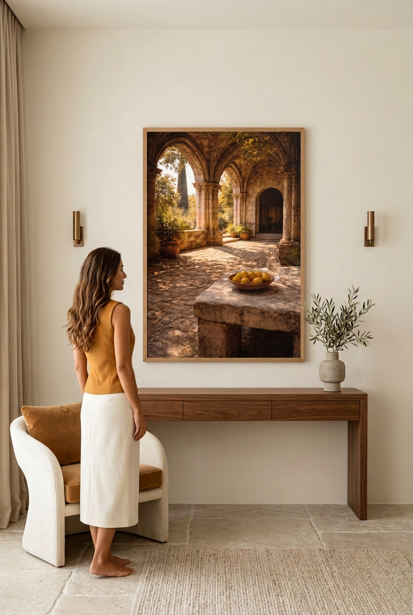 Lemon Courtyard — woman in front of the poster in an oak frame