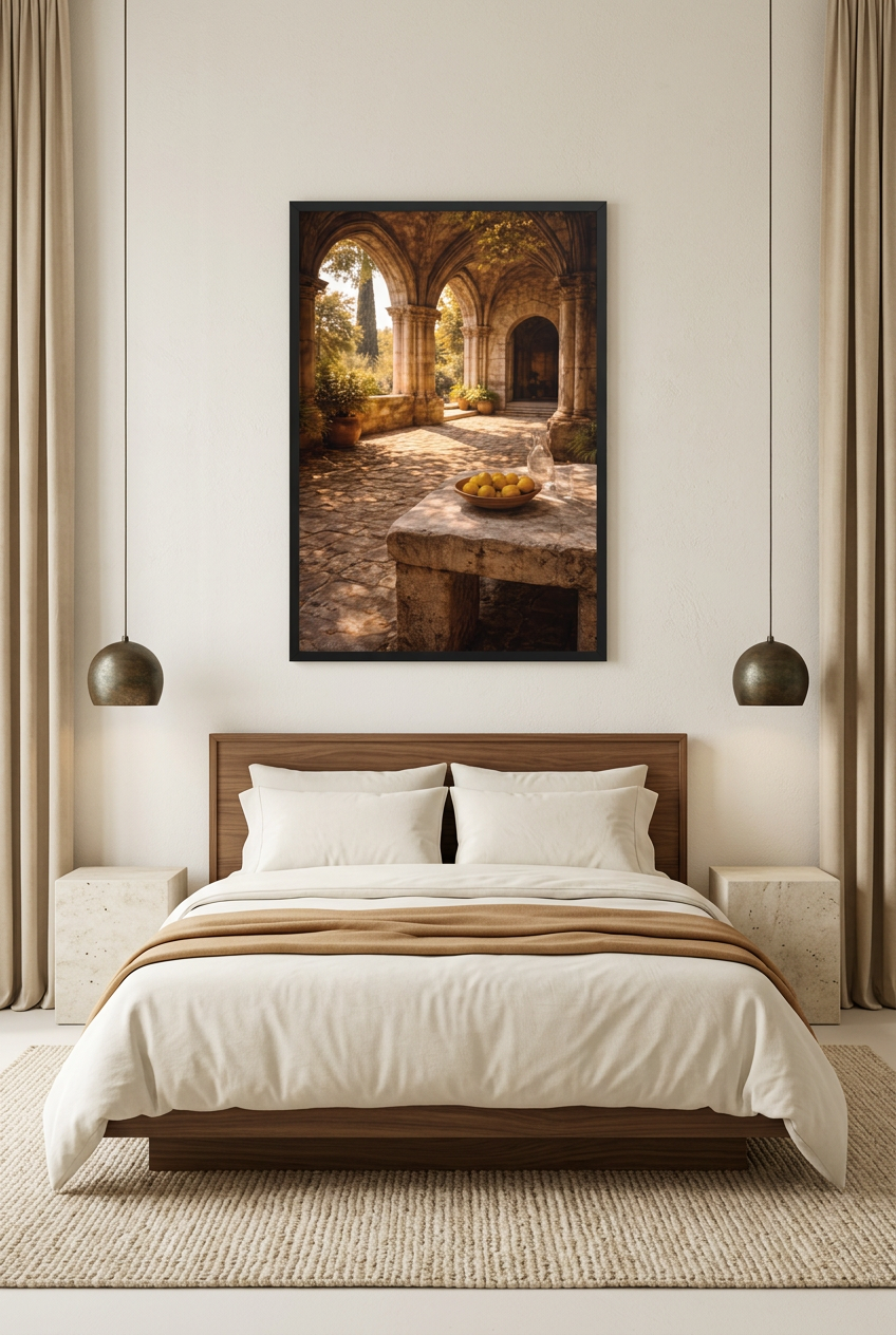 Lemon Courtyard — poster in a black frame above a bed