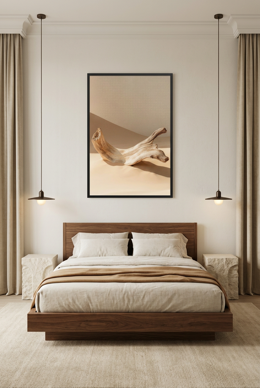 Meereskurve — Poster im schwarzen Rahmen über einem Bett