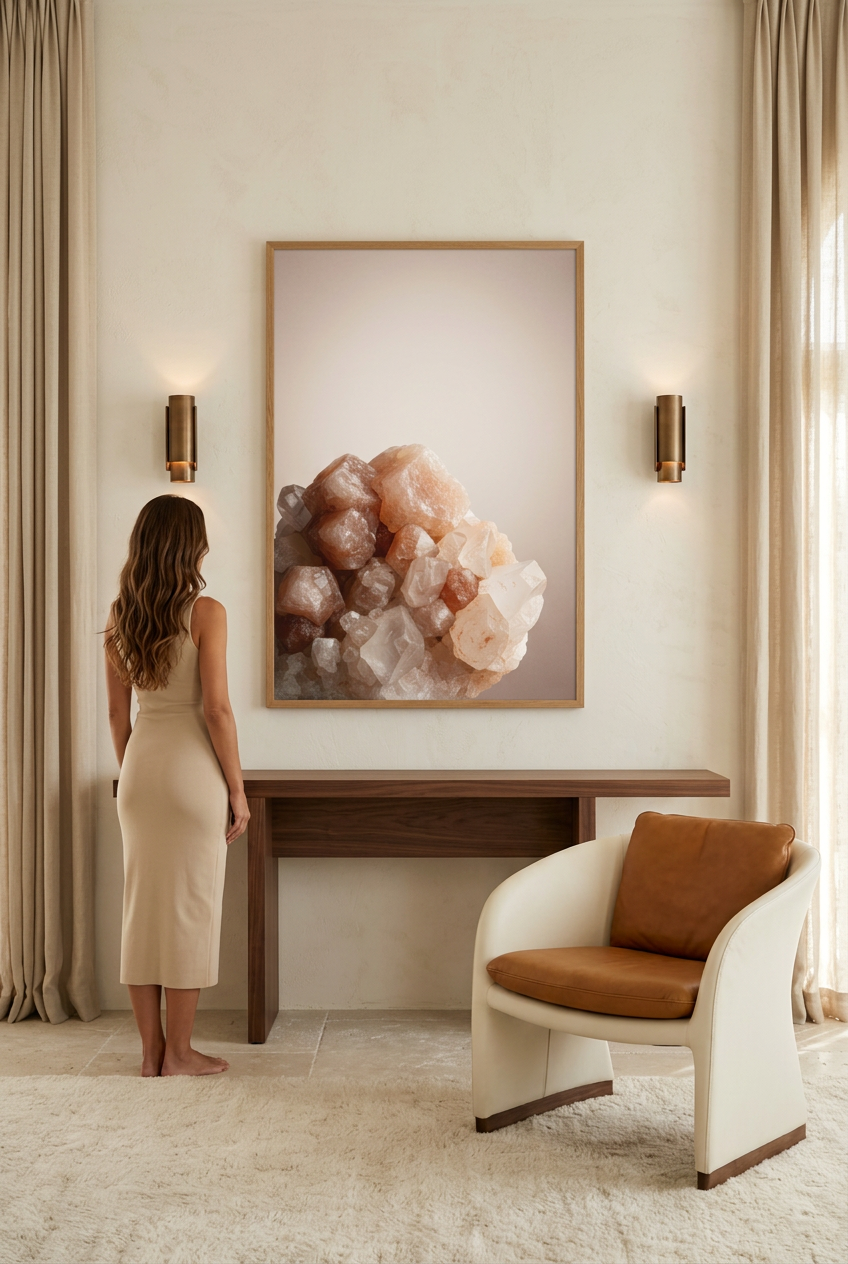 Raw Crystal — woman in front of the poster in an oak frame