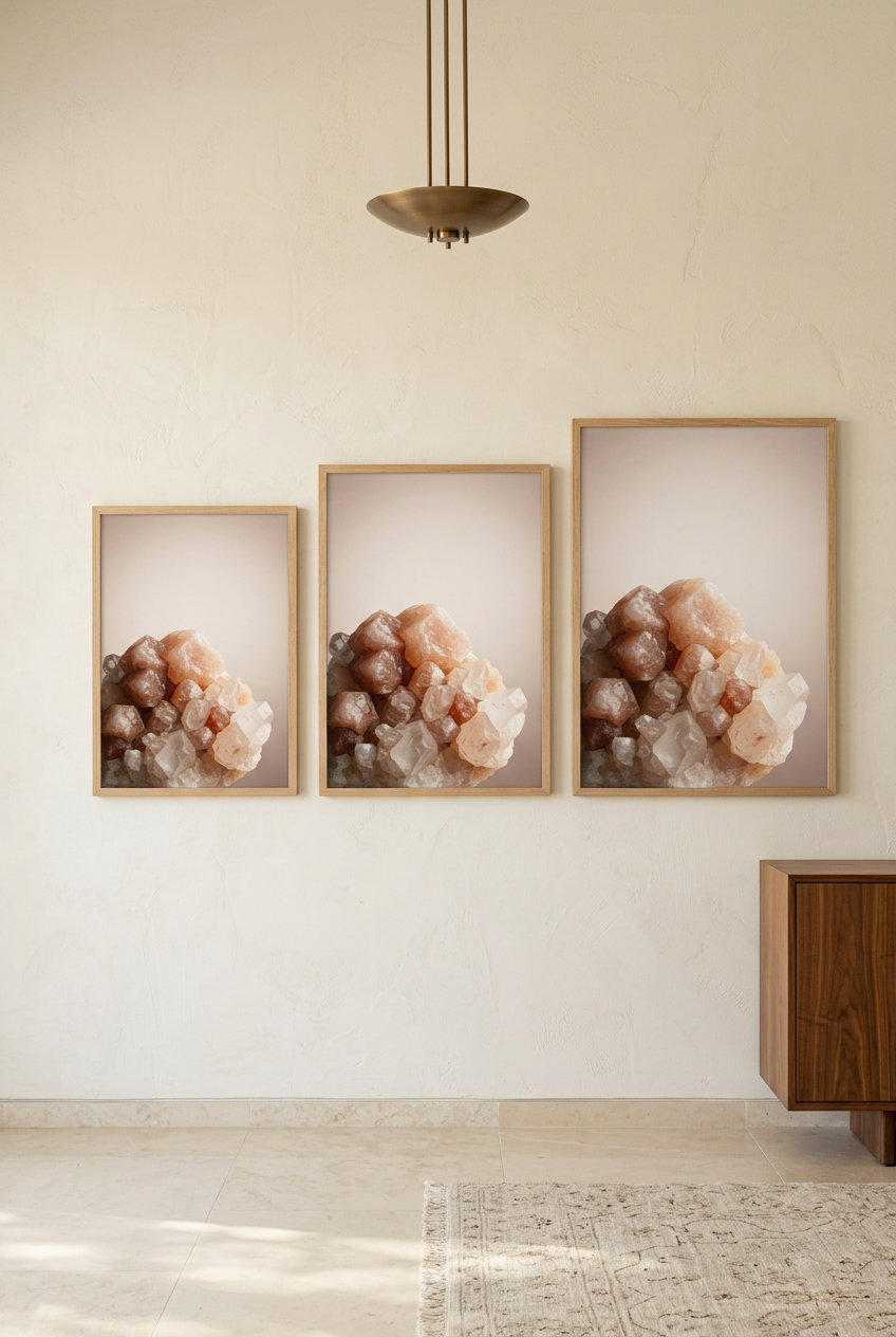 Raw Crystal — three sizes of the poster in oak frames