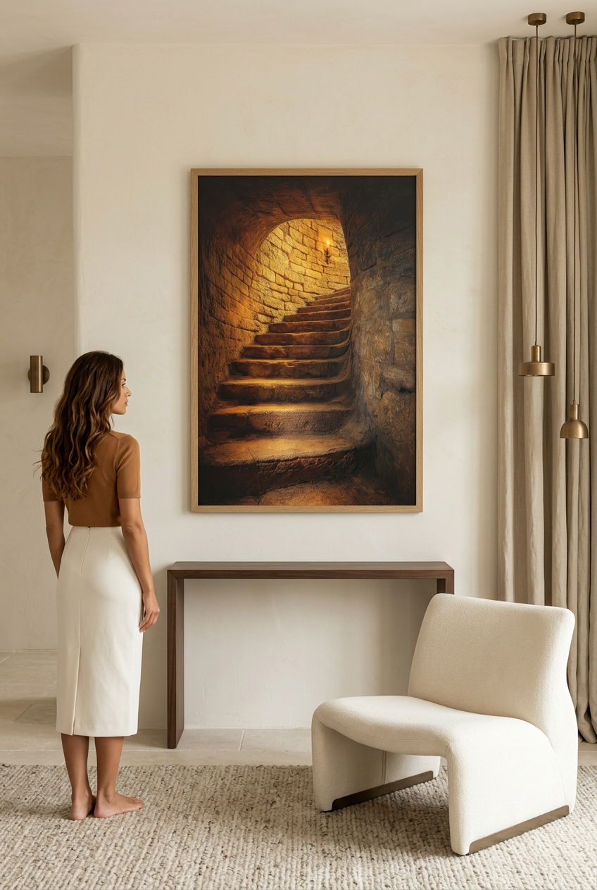Golden Crypt — woman in front of the poster in an oak frame