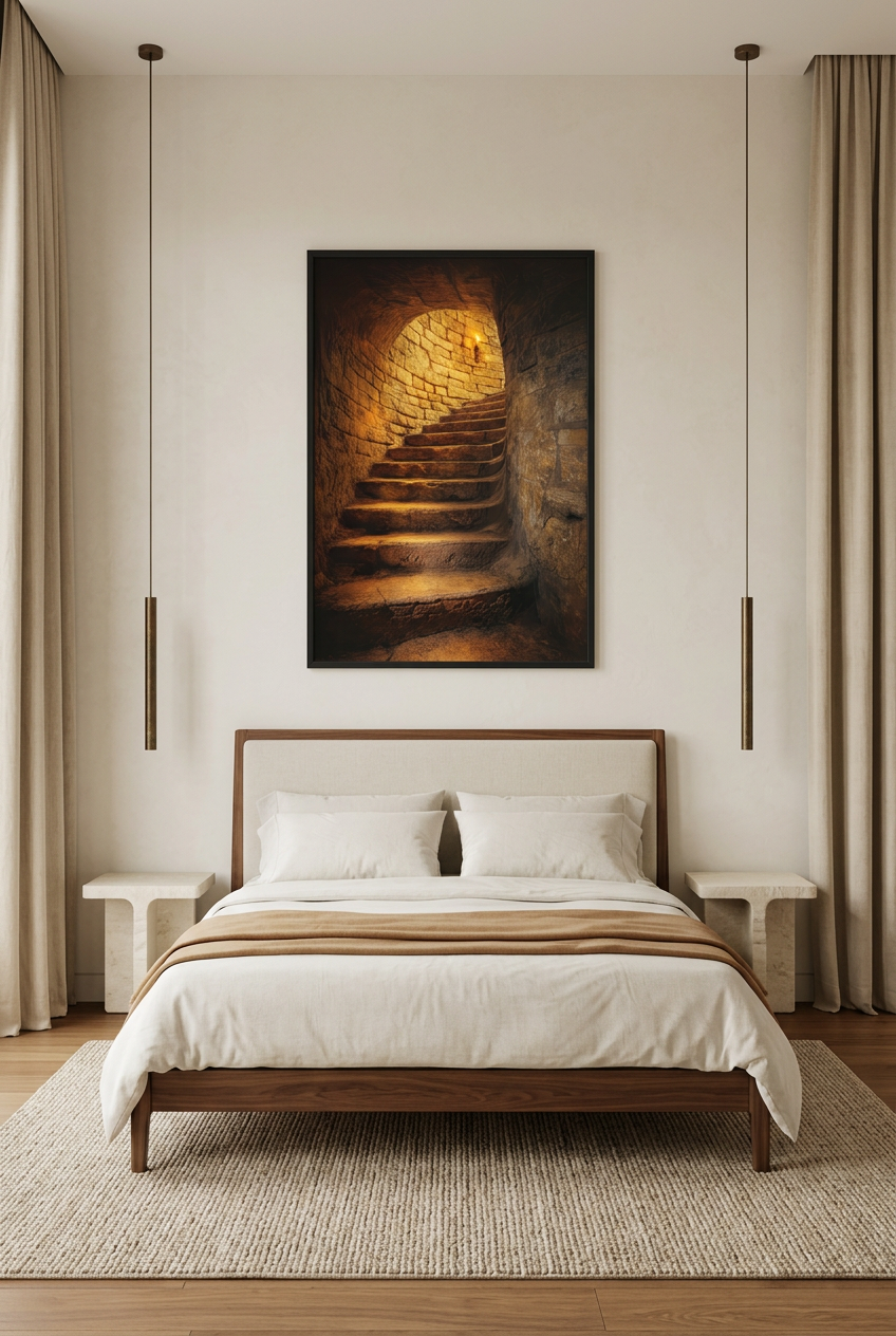 Golden Crypt — poster in a black frame above a bed