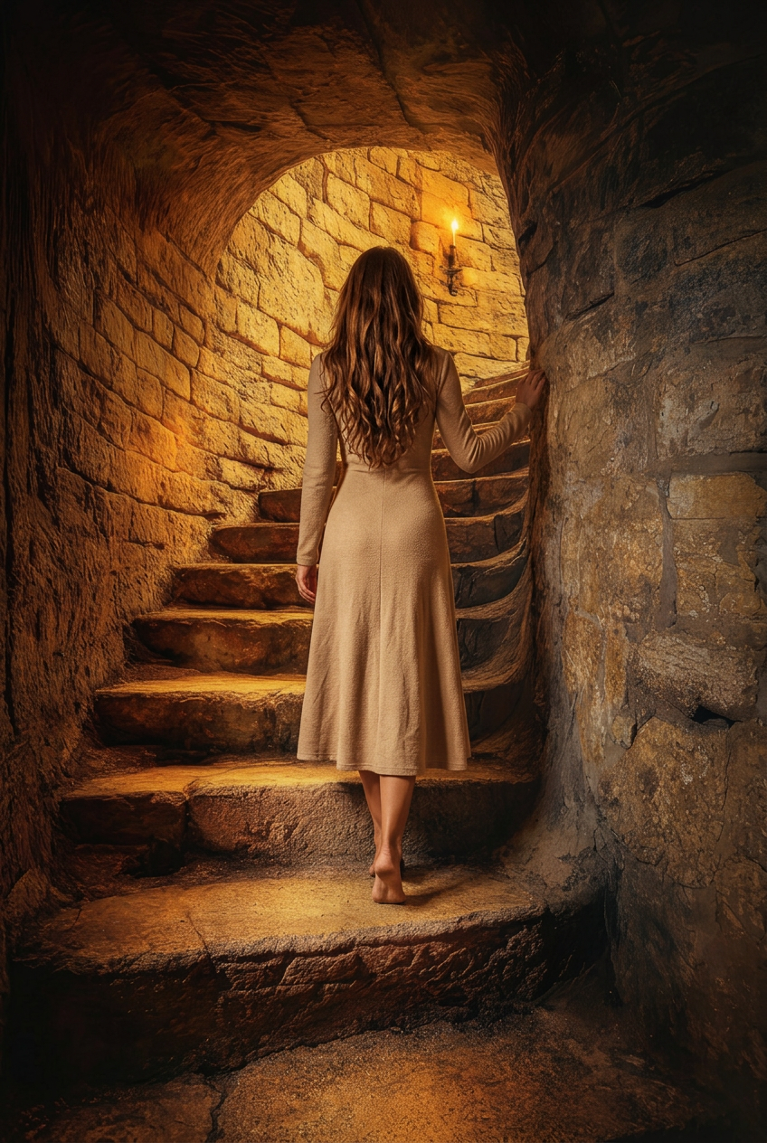 Golden Crypt — immersive scene, a woman inside the image