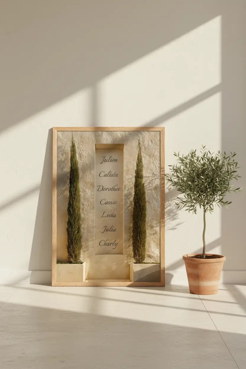 Les Cyprès de Famille — Affiche murale personnalisable prénoms, affiche murale minimaliste avec cadre bois, décoration murale salon ou chambre, style méditerranéen