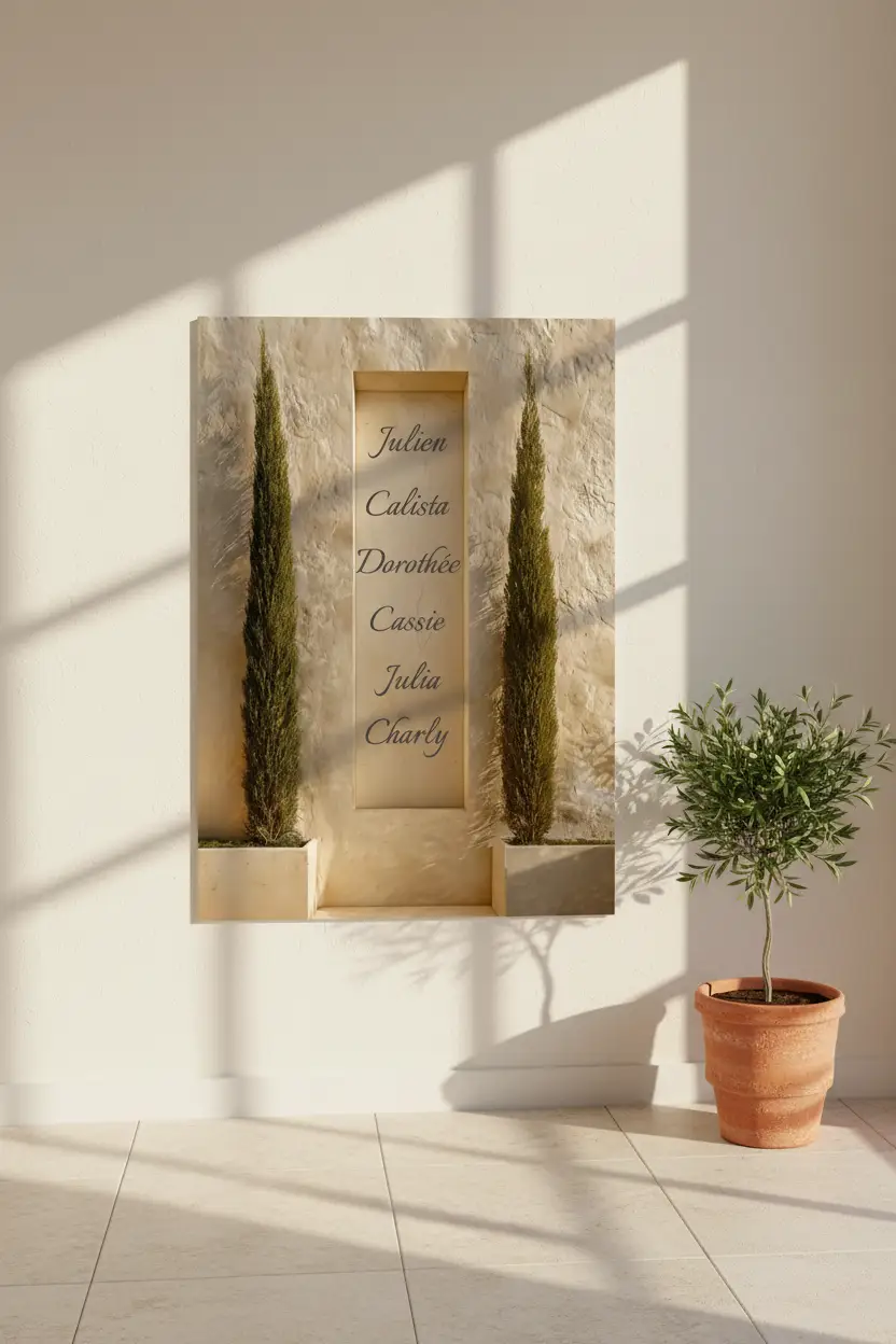 Les Cyprès de Famille — Affiche murale personnalisable prénoms, affiche murale minimaliste avec cadre bois, décoration murale salon ou chambre, style méditerranéen