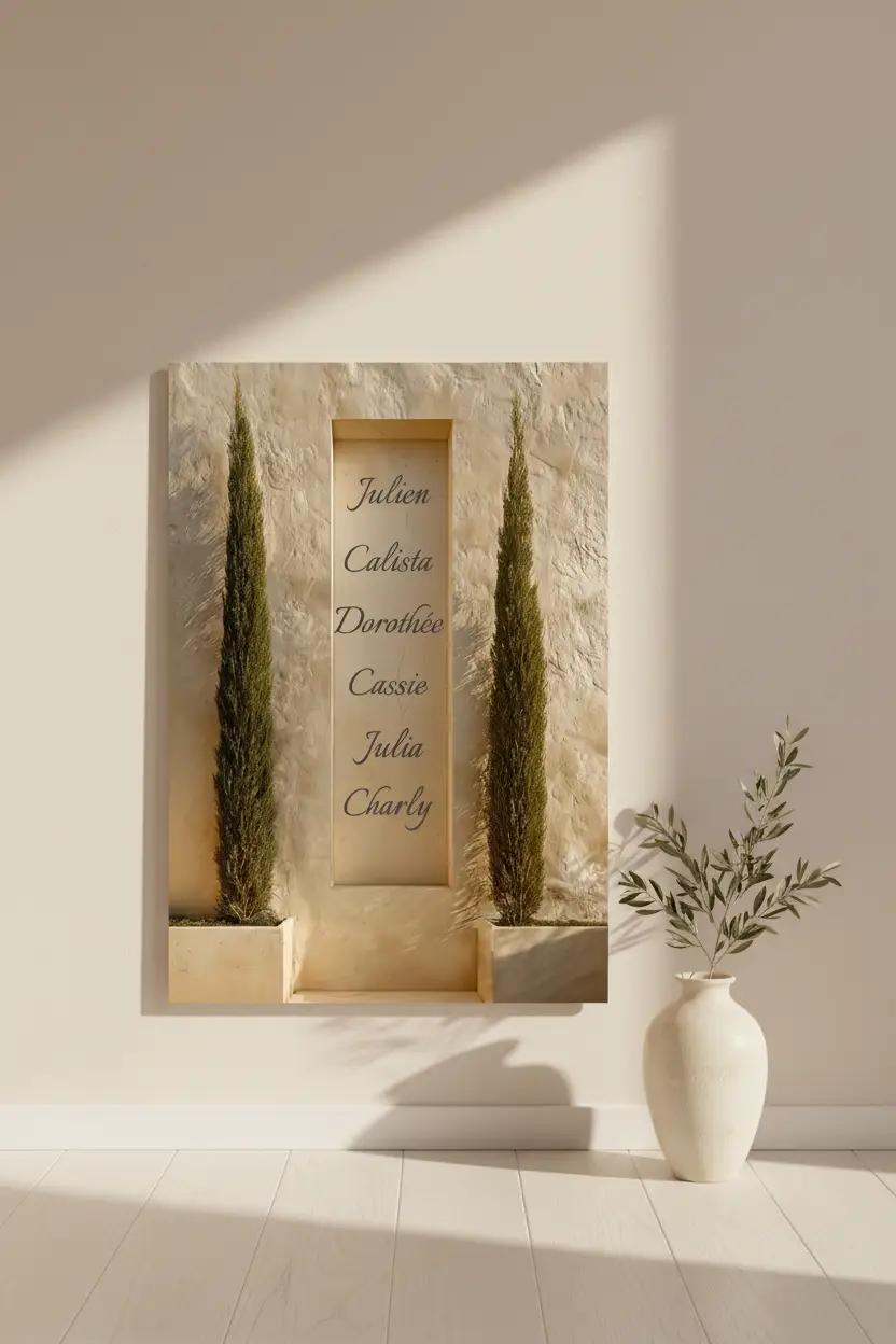 Les Cyprès de Famille — Affiche murale personnalisable prénoms, affiche murale minimaliste avec cadre bois, décoration murale salon ou chambre, style méditerranéen