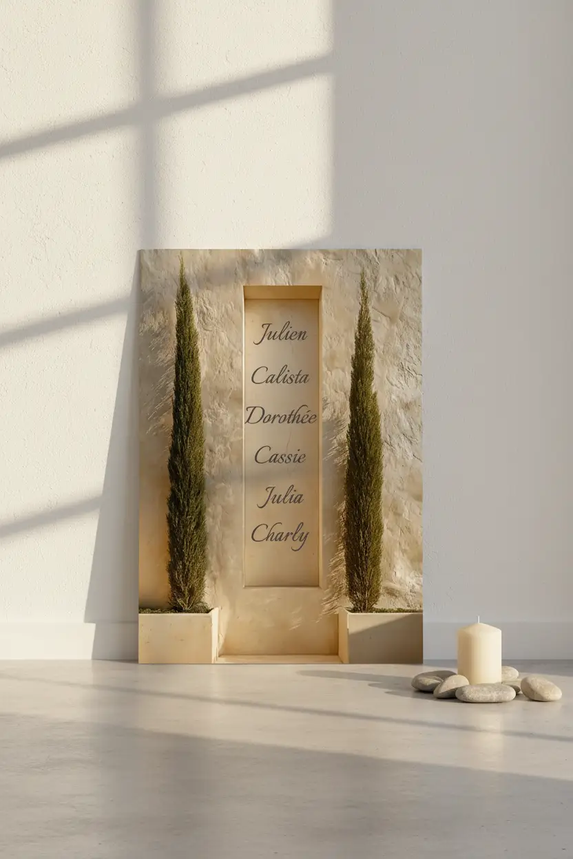Les Cyprès de Famille — Affiche murale personnalisable prénoms, affiche murale minimaliste avec cadre bois, décoration murale salon ou chambre, style méditerranéen