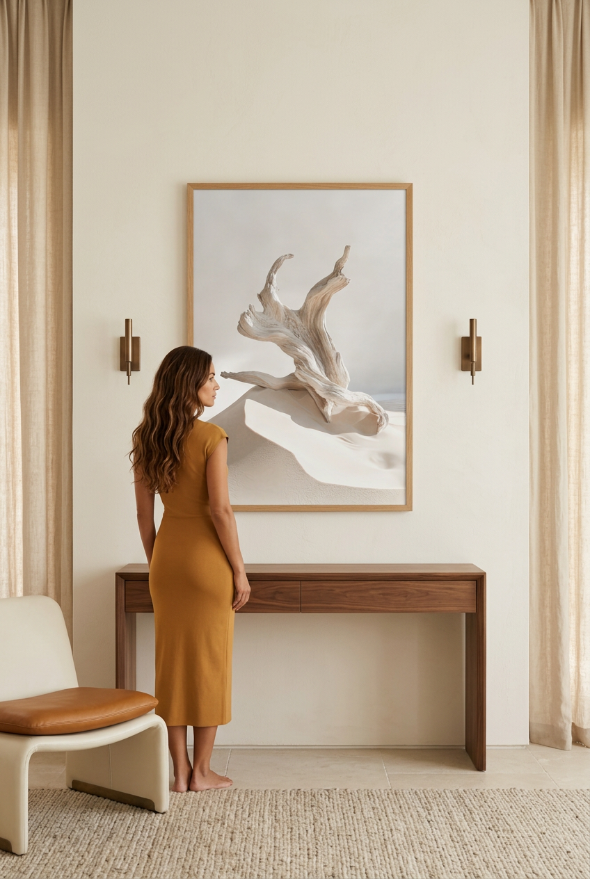 Shore Dance — woman in front of the poster in an oak frame