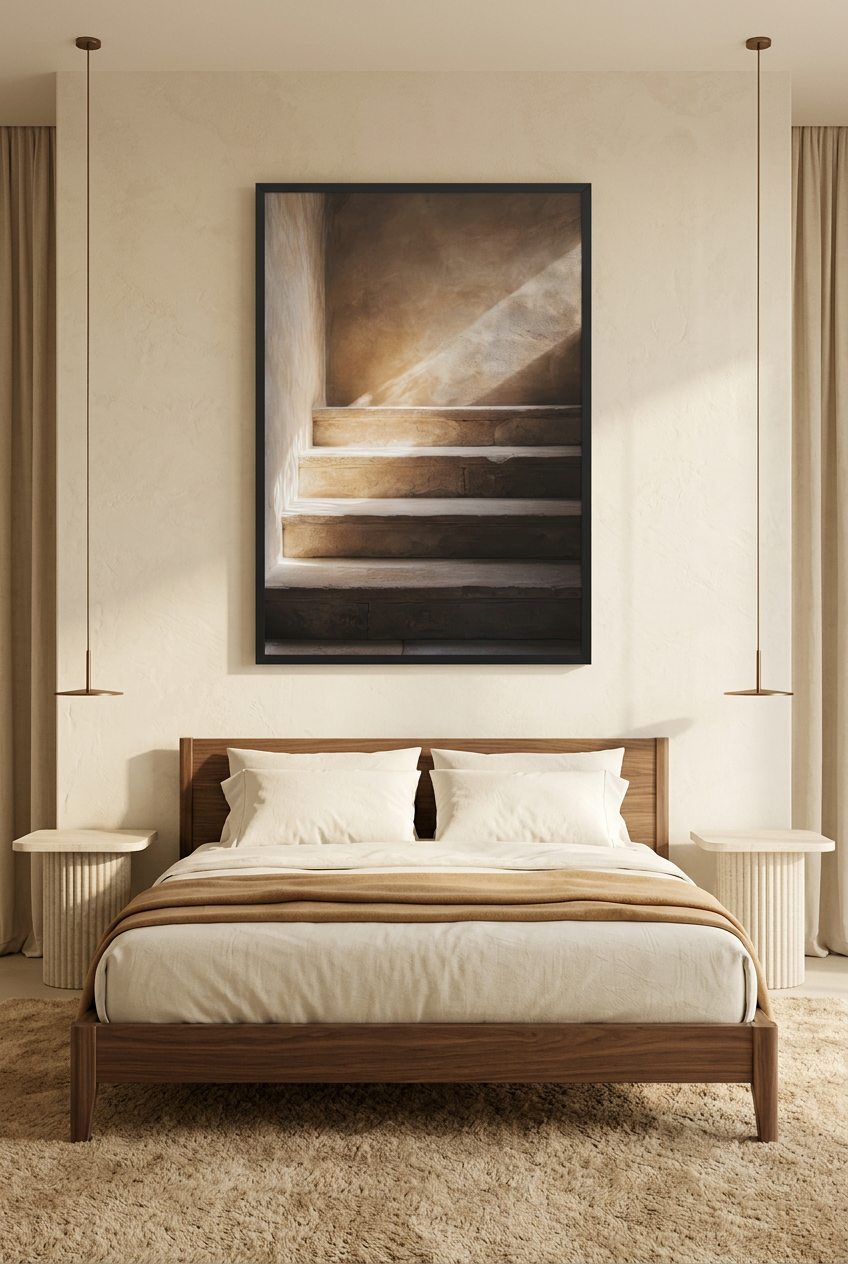 Diagonal — poster in a black frame above a bed