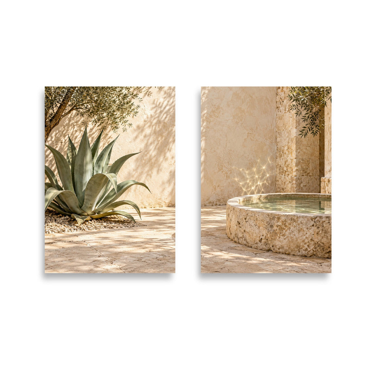 El Patio Sombreado, díptico mural: El Agave y el Olivo, y El Estanque de los Reflejos uno al lado del otro — Cassili-home